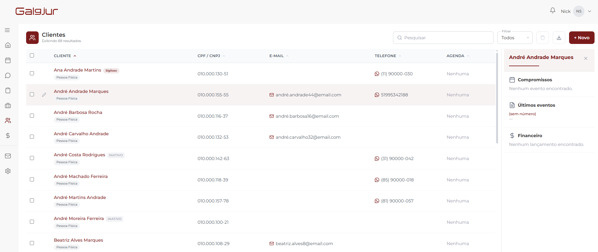 Tela de Clientes do Galgjur exibindo a tabela com colunas Cliente, CPF/CNPJ, E-mail, Telefone e Agenda, com indicadores Sigiloso e Inativo em algumas linhas, controles de pesquisa, filtro Todos, lixeira, download e + Novo no topo, e o painel lateral aberto à direita mostrando Compromissos, Últimos eventos e Financeiro do cliente selecionado