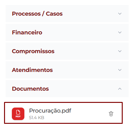 Painel lateral do cliente com as seções Processos/Casos, Financeiro, Compromissos, Atendimentos e Documentos colapsáveis. Na seção Documentos expandida aparece o arquivo Procuração.pdf de 51.4 KB recém-gerado, com ícone de lixeira para excluir