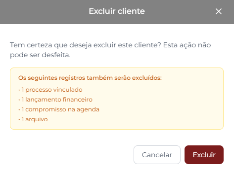 Janela Excluir cliente exibindo a mensagem de confirmação e a caixa âmbar com os registros afetados: 1 processo vinculado, 1 lançamento financeiro, 1 compromisso na agenda e 1 arquivo. Botões Cancelar e Excluir no rodapé