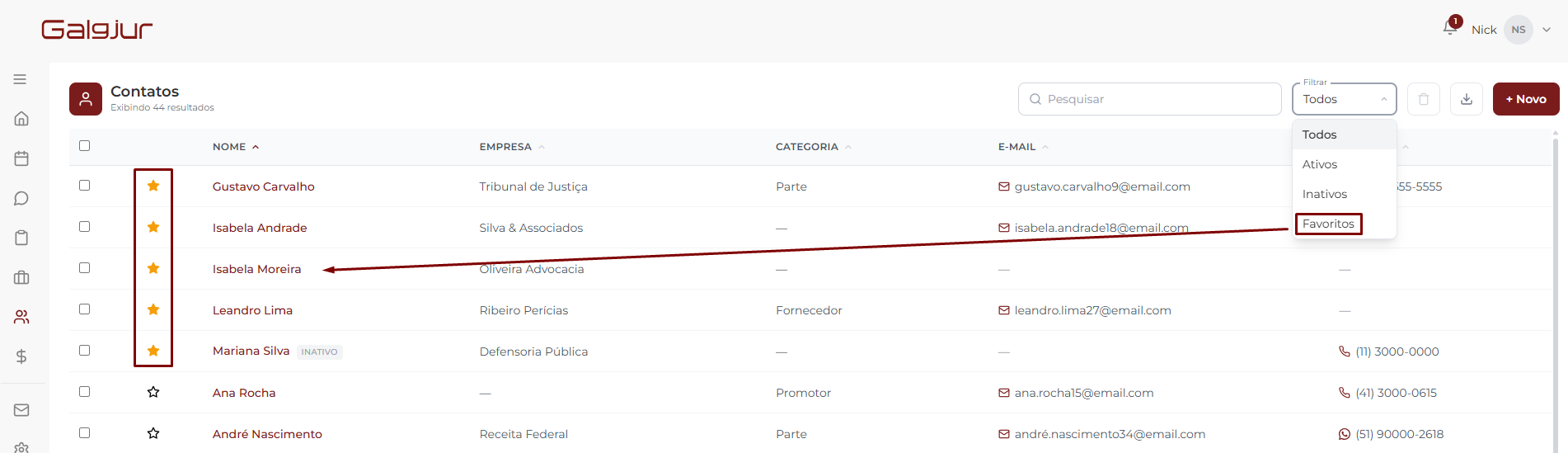 Tela de Contatos exibindo estrelas amarelas ao lado dos nomes Gustavo Carvalho, Isabela Andrade, Isabela Moreira, Leandro Lima e Mariana Silva (favoritos). No canto superior direito, o dropdown Filtrar aberto com a opção Favoritos destacada