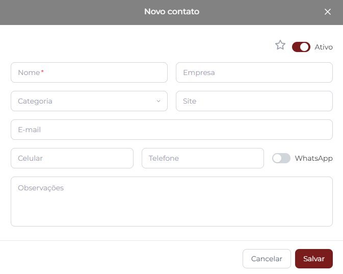 Janela Novo contato exibindo a estrela de favorito e a opção de ativar e desativar Ativo no canto superior direito; campos Nome obrigatório, Empresa, Categoria, Site, E-mail, Celular, Telefone, WhatsApp e Observações. Botões Cancelar e Salvar no rodapé