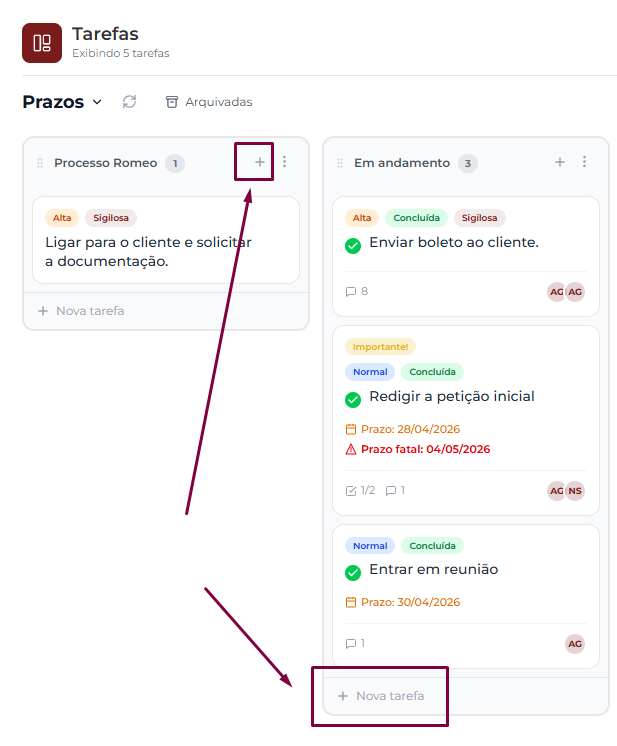 Coluna do Kanban com o botão + destacado no cabeçalho (para adicionar tarefa no topo) e o botão + Nova tarefa destacado no rodapé (para adicionar no fim)